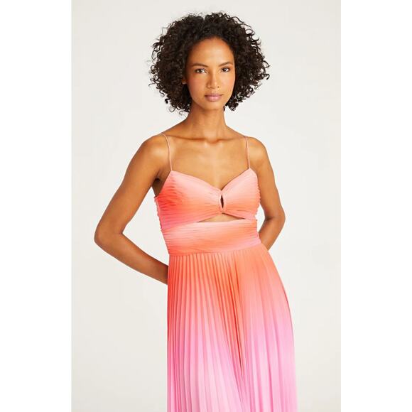 Amur Sleeveless Front Cut Out Emmet Pleated Chiffon Gown Ombre Sunset Size 4 - Picture 3 of 16